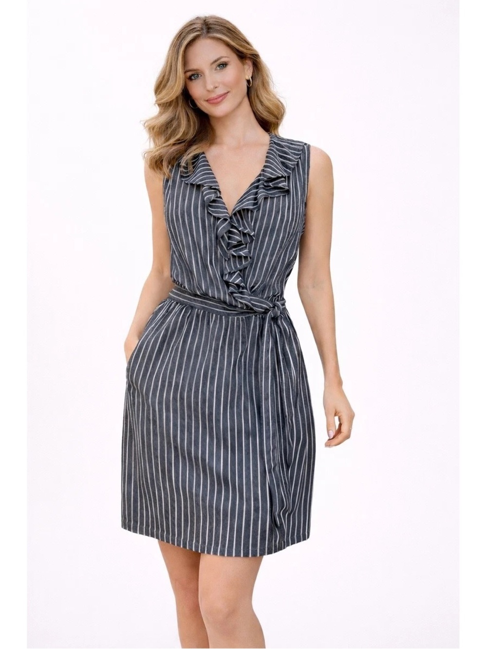 Banana Republic, Blue Pinstripe Ruffle Wrap Midi Dress with Pockets - Size 4